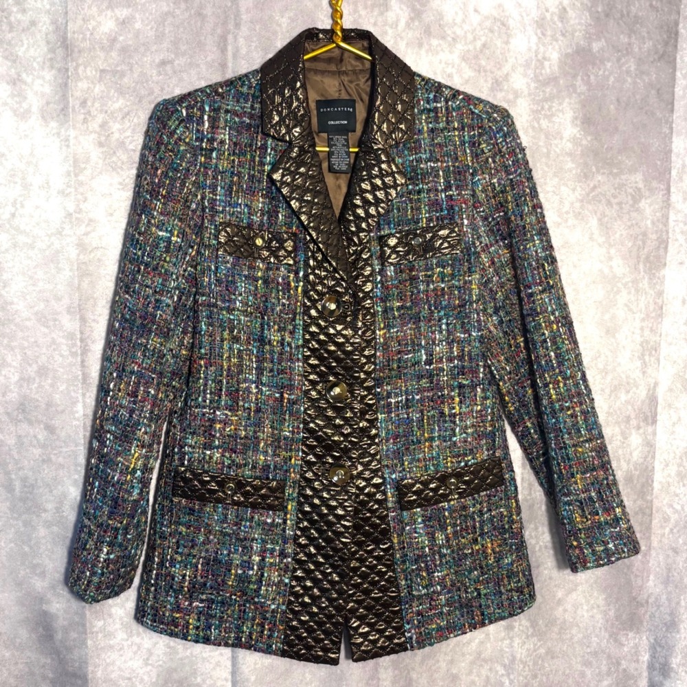 Doncaster Collection Tweed Wool Blend Blazer Womens 8 Multicolor Metallic Trim